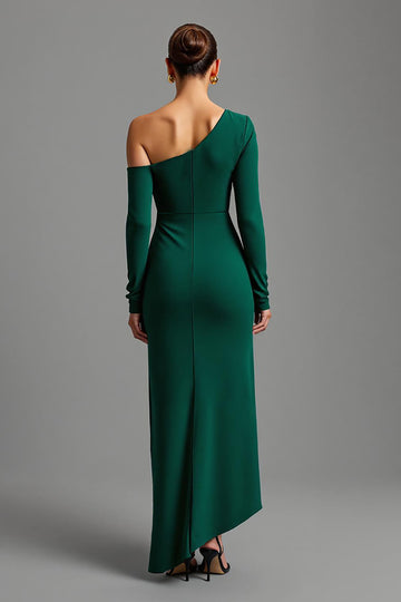 One Shoulder Dark Green Sheath Long Sleeve Formal Dress